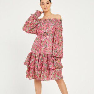 Styli Closet Off Shoulder Ditsy Print Layered Knee Length Dress S